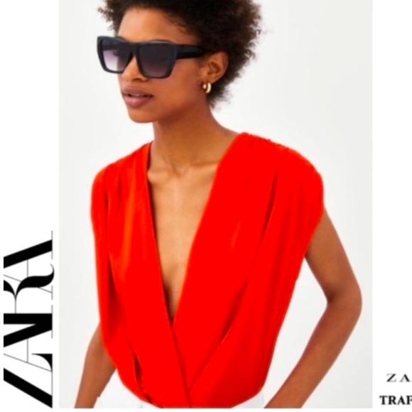 Zara Deep V Draped Front Bodysuit Blouse Top Size S - Picture 2 of 10